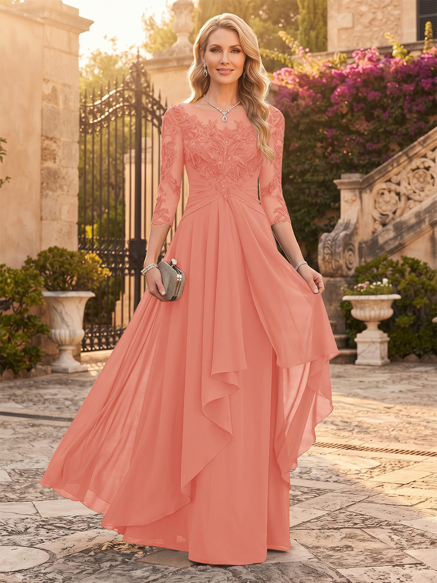 A-Line/Princess Chiffon Scoop 3/4 Sleeves Mother of the Bride Dresses with Appliques &amp; Ruffles