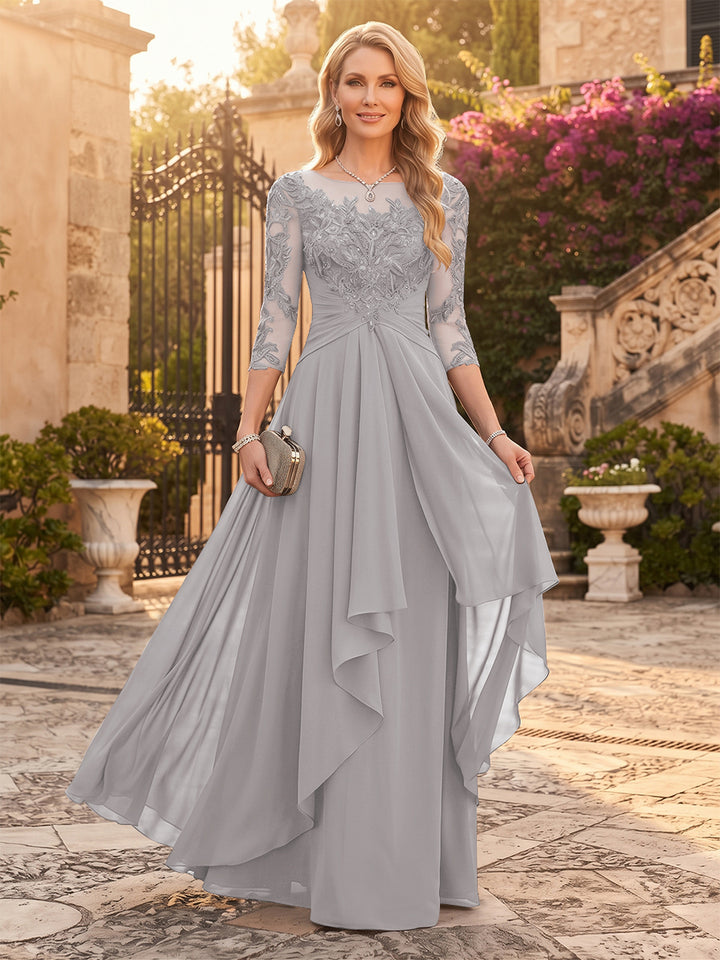 A-Line/Princess Chiffon Scoop 3/4 Sleeves Mother of the Bride Dresses with Appliques &amp; Ruffles