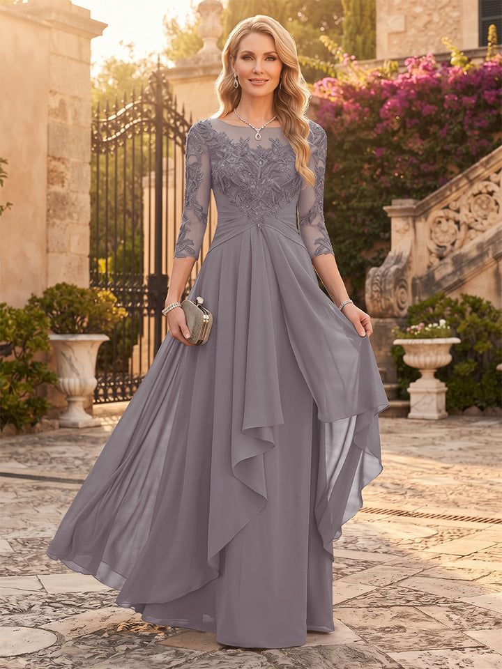 A-Line/Princess Chiffon Scoop 3/4 Sleeves Mother of the Bride Dresses with Appliques &amp; Ruffles