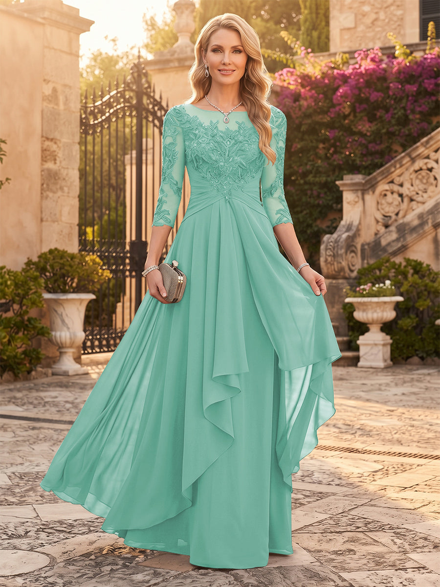 A-Line/Princess Chiffon Scoop 3/4 Sleeves Mother of the Bride Dresses with Appliques &amp; Ruffles