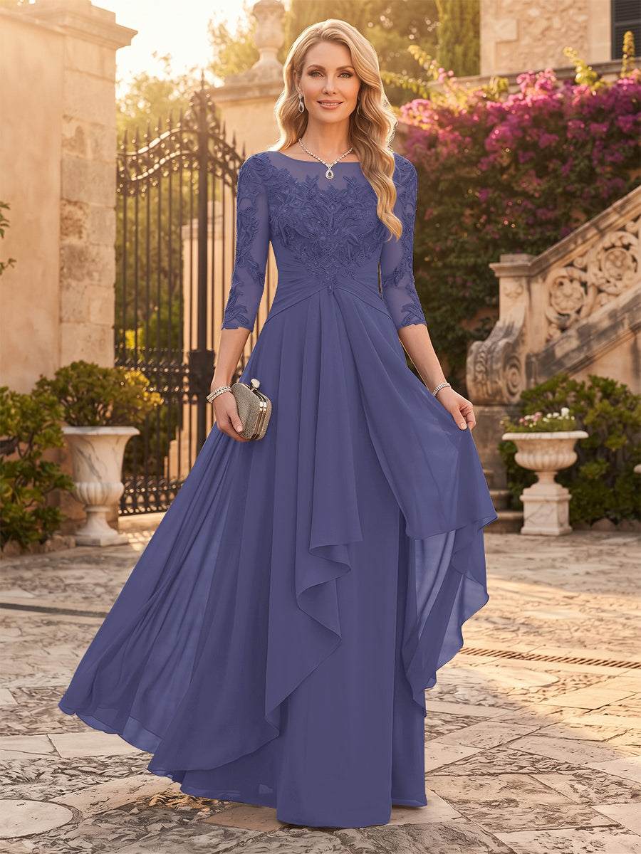 A-Line/Princess Chiffon Scoop 3/4 Sleeves Mother of the Bride Dresses with Appliques &amp; Ruffles