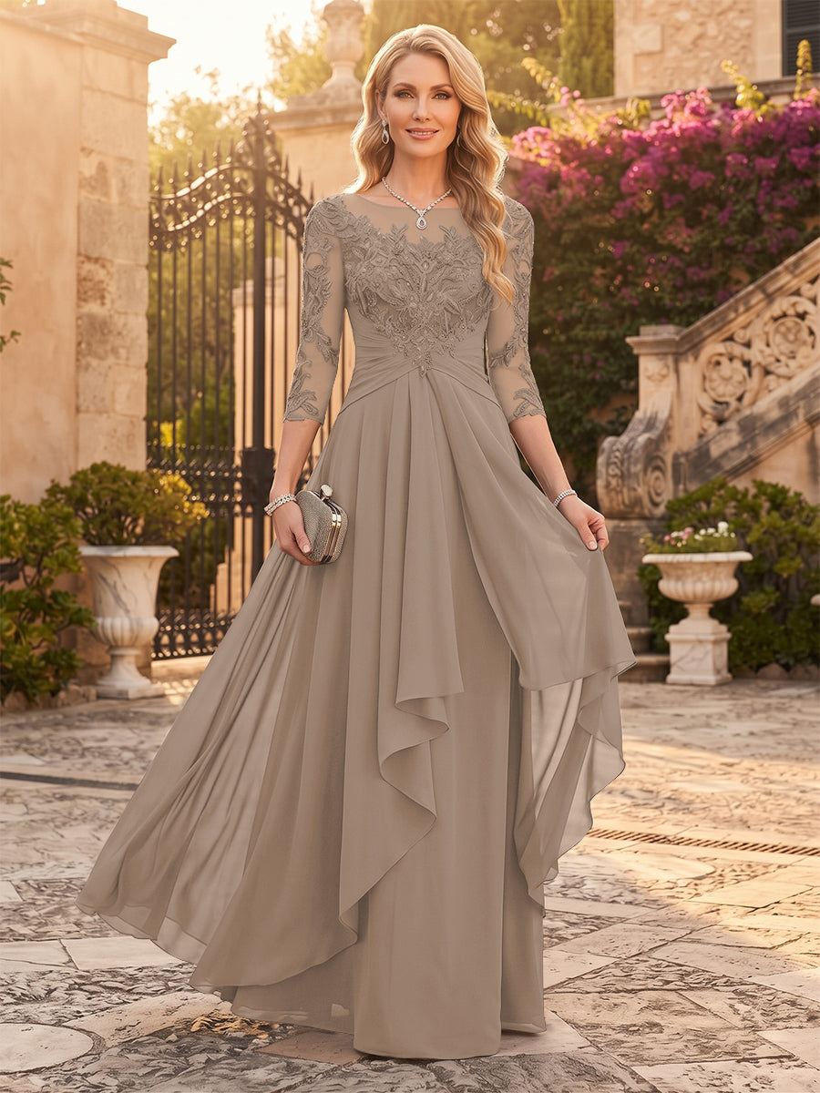 A-Line/Princess Chiffon Scoop 3/4 Sleeves Mother of the Bride Dresses with Appliques &amp; Ruffles