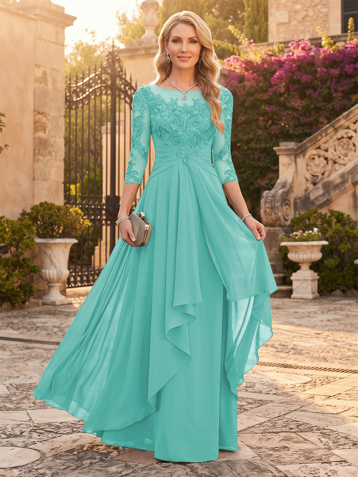 A-Line/Princess Chiffon Scoop 3/4 Sleeves Mother of the Bride Dresses with Appliques &amp; Ruffles