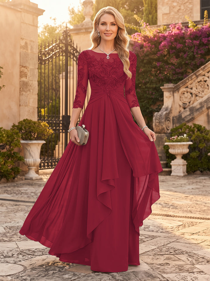 A-Line/Princess Chiffon Scoop 3/4 Sleeves Mother of the Bride Dresses with Appliques &amp; Ruffles
