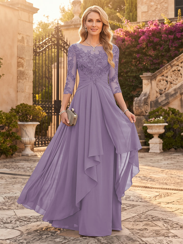A-Line/Princess Chiffon Scoop 3/4 Sleeves Mother of the Bride Dresses with Appliques &amp; Ruffles