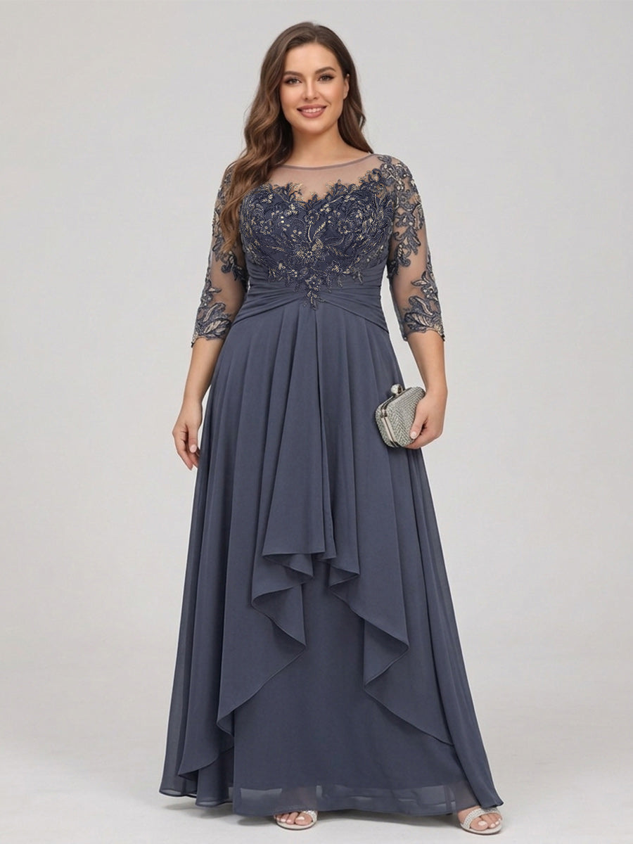 Lavetir Grape A-Line/Princess Scoop 3/4 Sleeves Chiffon Plus Size Mother of the Bride Dresses with Appliques & Ruffles 2026