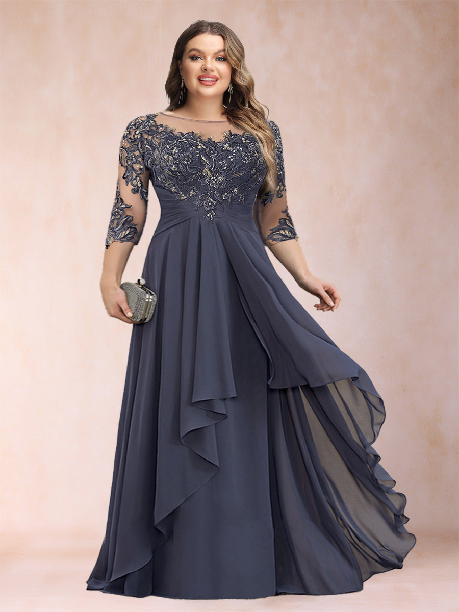 A-Line/Princess Scoop 3/4 Sleeves Chiffon Plus Size Mother of the Bride Dresses with Appliques & Ruffles