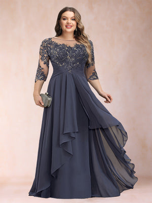 A-Line/Princess Scoop 3/4 Sleeves Chiffon Plus Size Mother of the Bride Dresses with Appliques & Ruffles