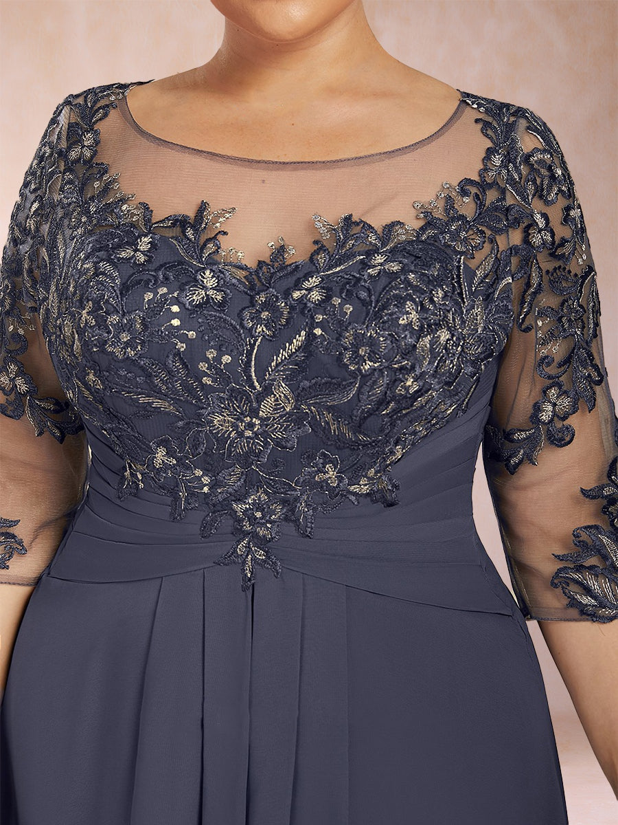 A-Line/Princess Scoop 3/4 Sleeves Chiffon Plus Size Mother of the Bride Dresses with Appliques &amp; Ruffles