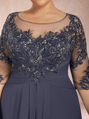 A-Line/Princess Scoop 3/4 Sleeves Chiffon Plus Size Mother of the Bride Dresses with Appliques & Ruffles
