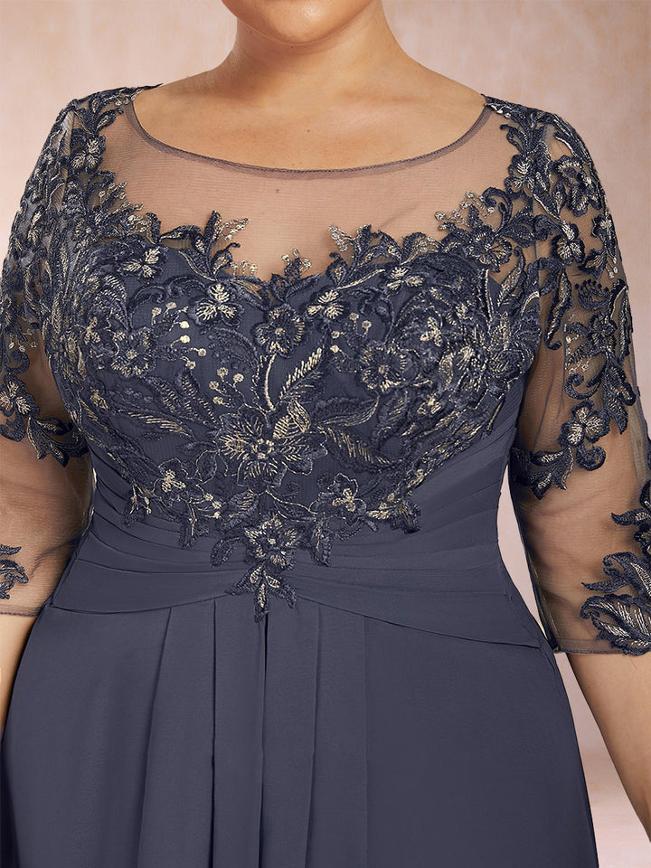 A-Line/Princess Scoop 3/4 Sleeves Chiffon Plus Size Mother of the Bride Dresses with Appliques &amp; Ruffles