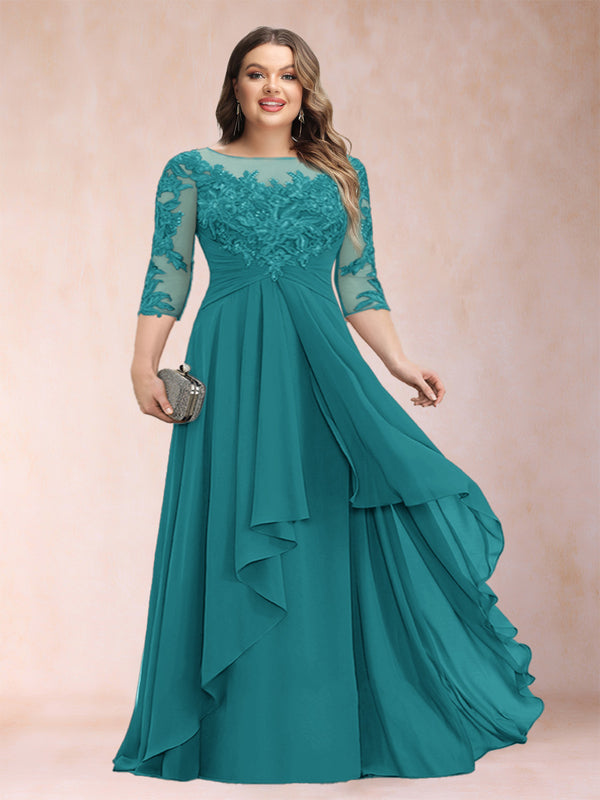 A-Line/Princess Scoop 3/4 Sleeves Chiffon Plus Size Mother of the Bride Dresses with Appliques & Ruffles