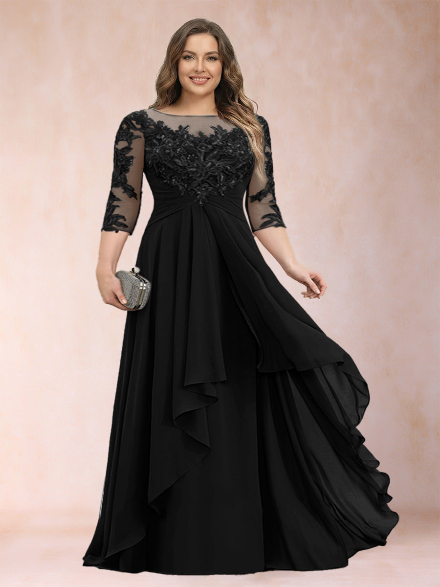 A-Line/Princess Scoop 3/4 Sleeves Chiffon Plus Size Mother of the Bride Dresses with Appliques & Ruffles