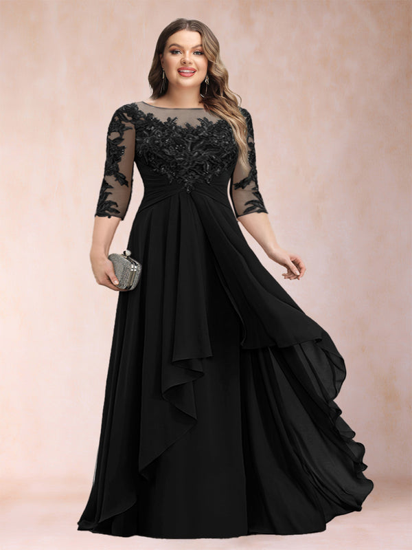 A-Line/Princess Scoop 3/4 Sleeves Chiffon Plus Size Mother of the Bride Dresses with Appliques & Ruffles