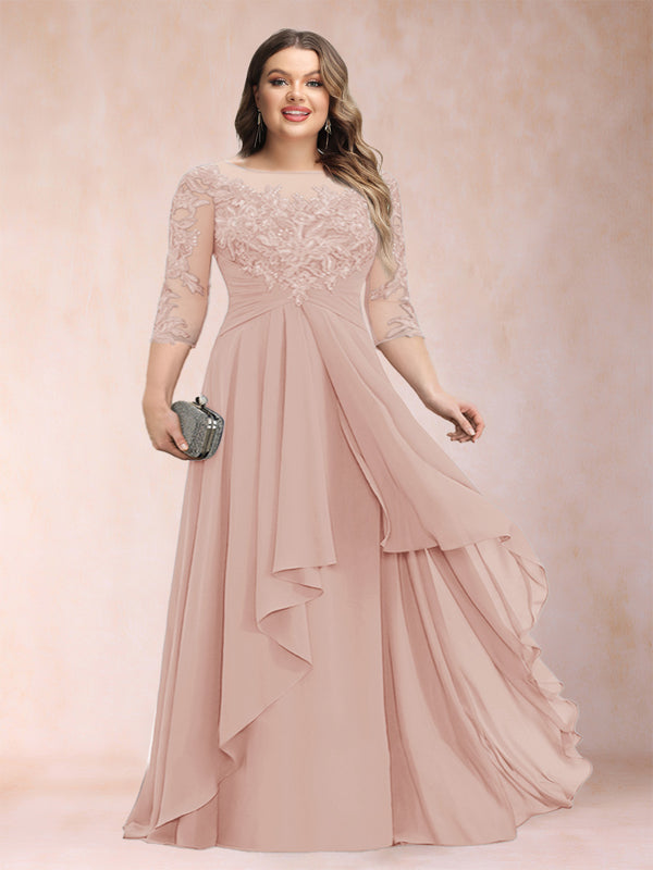 A-Line/Princess Scoop 3/4 Sleeves Chiffon Plus Size Mother of the Bride Dresses with Appliques & Ruffles