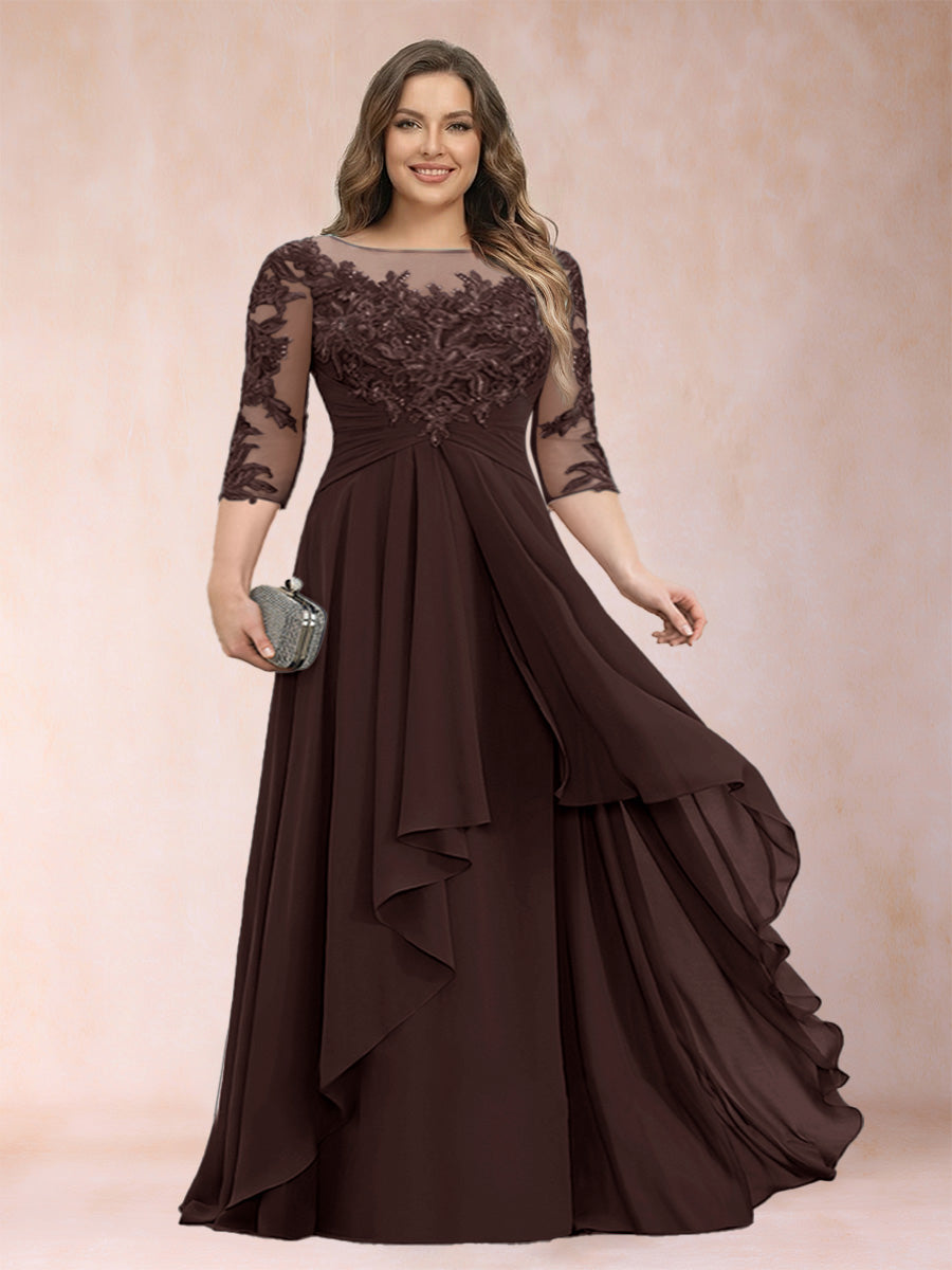 Lavetir Brown A-Line/Princess Scoop 3/4 Sleeves Chiffon Plus Size Mother of the Bride Dresses with Appliques & Ruffles 2026