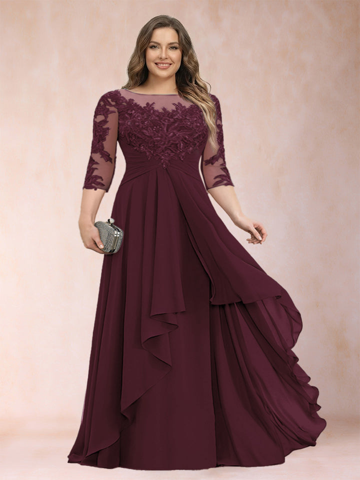 A-Line/Princess Scoop 3/4 Sleeves Chiffon Plus Size Mother of the Bride Dresses with Appliques &amp; Ruffles