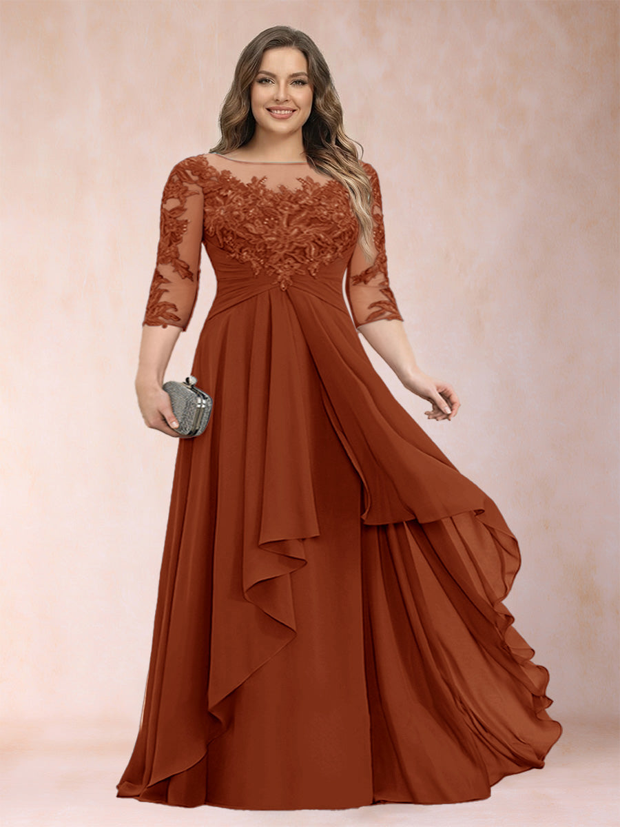 Lavetir Burnt Orange A-Line/Princess Scoop 3/4 Sleeves Chiffon Plus Size Mother of the Bride Dresses with Appliques & Ruffles 2026