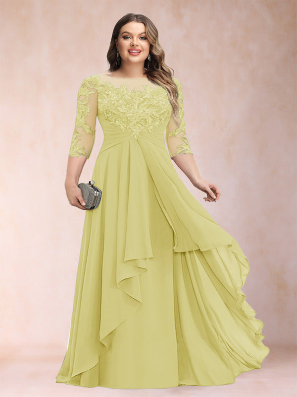 A-Line/Princess Scoop 3/4 Sleeves Chiffon Plus Size Mother of the Bride Dresses with Appliques & Ruffles