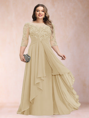 A-Line/Princess Scoop 3/4 Sleeves Chiffon Plus Size Mother of the Bride Dresses with Appliques & Ruffles
