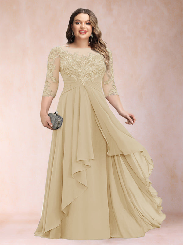 A-Line/Princess Scoop 3/4 Sleeves Chiffon Plus Size Mother of the Bride Dresses with Appliques & Ruffles