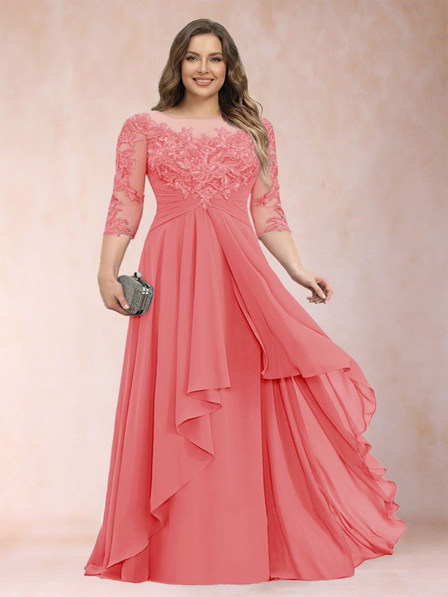 A-Line/Princess Scoop 3/4 Sleeves Chiffon Plus Size Mother of the Bride Dresses with Appliques & Ruffles
