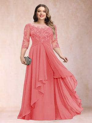 A-Line/Princess Scoop 3/4 Sleeves Chiffon Plus Size Mother of the Bride Dresses with Appliques & Ruffles
