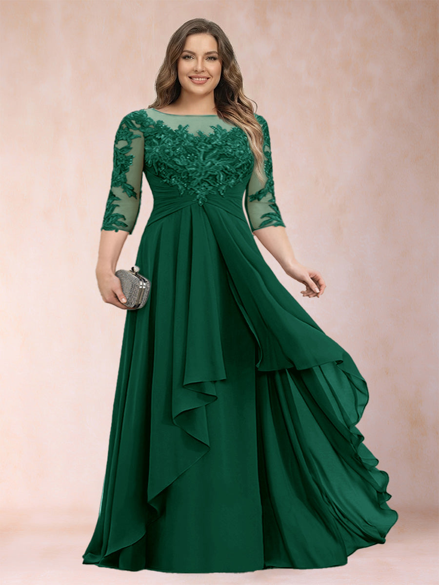 A-Line/Princess Scoop 3/4 Sleeves Chiffon Plus Size Mother of the Bride Dresses with Appliques &amp; Ruffles