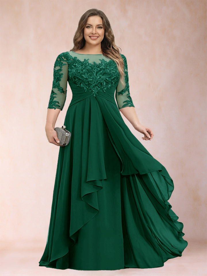 A-Line/Princess Scoop 3/4 Sleeves Chiffon Plus Size Mother of the Bride Dresses with Appliques &amp; Ruffles