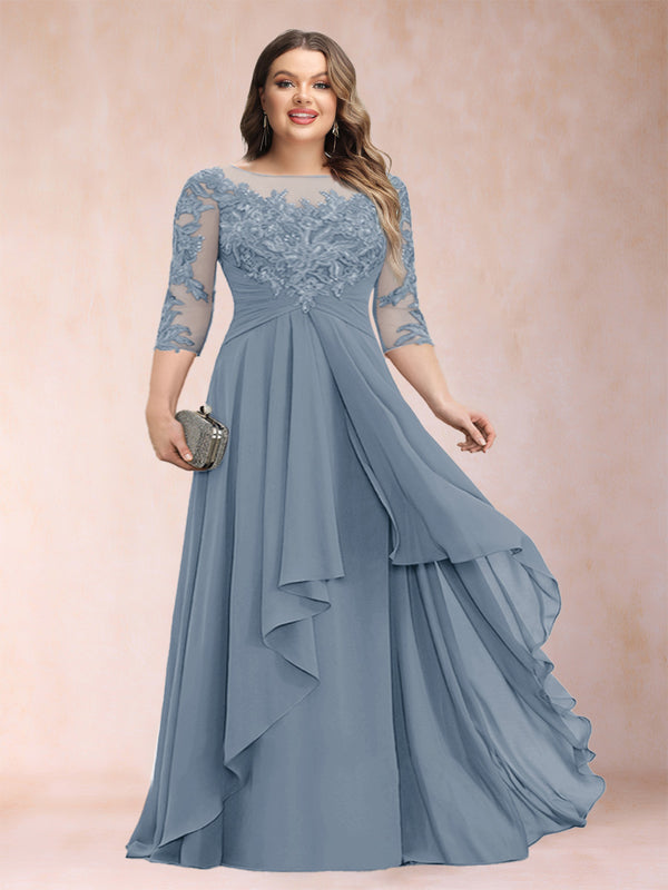A-Line/Princess Scoop 3/4 Sleeves Chiffon Plus Size Mother of the Bride Dresses with Appliques & Ruffles