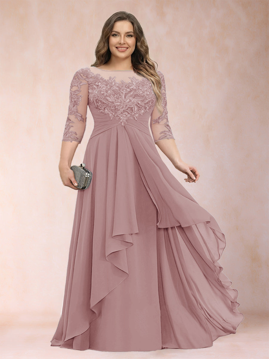A-Line/Princess Scoop 3/4 Sleeves Chiffon Plus Size Mother of the Bride Dresses with Appliques & Ruffles