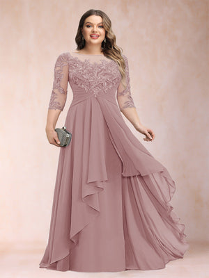 A-Line/Princess Scoop 3/4 Sleeves Chiffon Plus Size Mother of the Bride Dresses with Appliques & Ruffles
