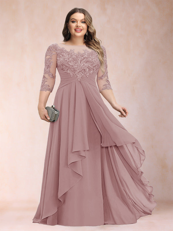 A-Line/Princess Scoop 3/4 Sleeves Chiffon Plus Size Mother of the Bride Dresses with Appliques & Ruffles