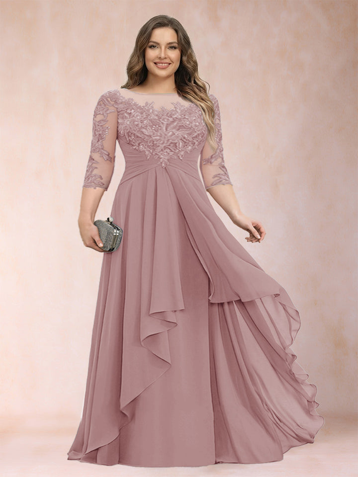 A-Line/Princess Scoop 3/4 Sleeves Chiffon Plus Size Mother of the Bride Dresses with Appliques &amp; Ruffles