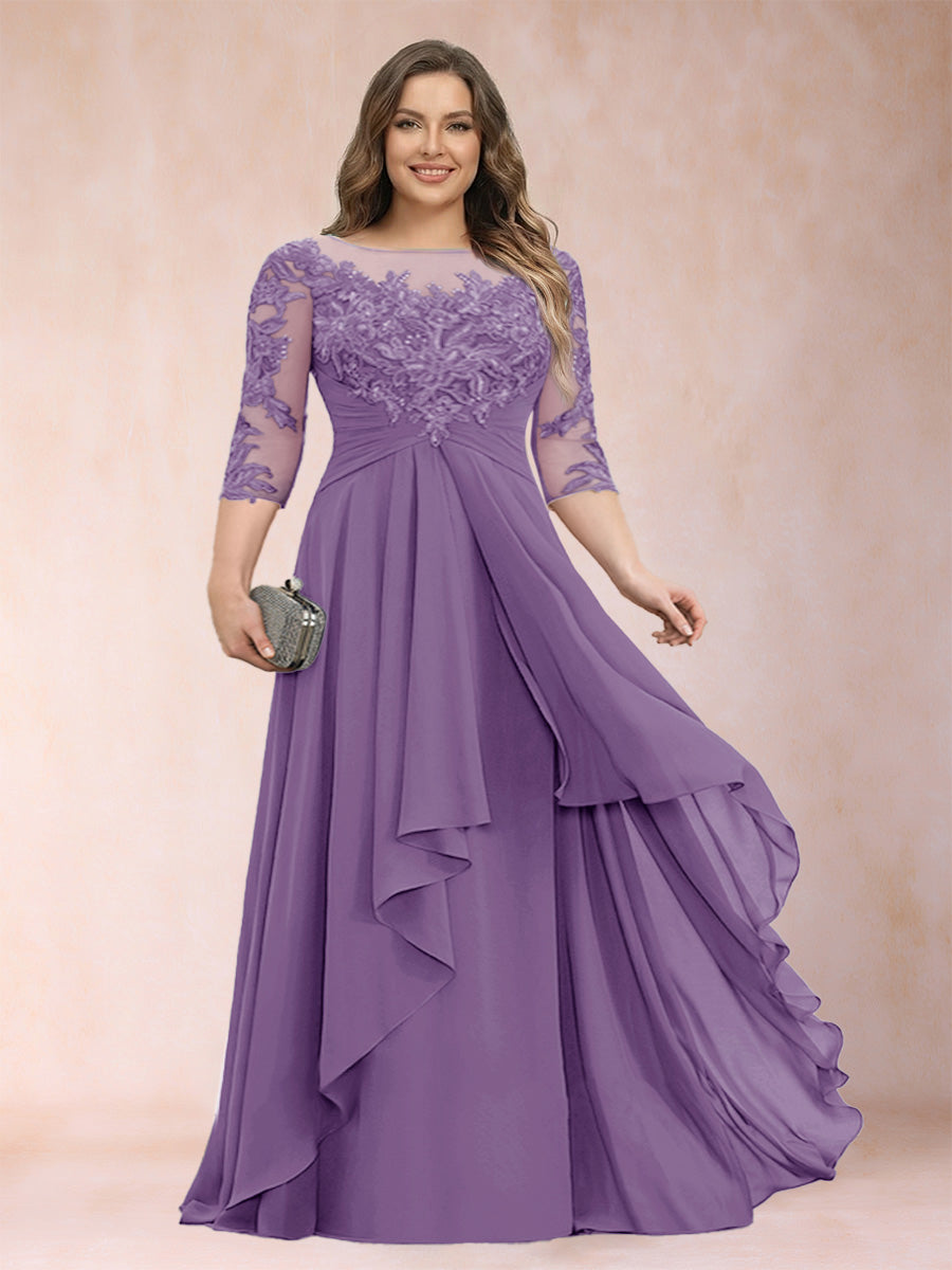 A-Line/Princess Scoop 3/4 Sleeves Chiffon Plus Size Mother of the Bride Dresses with Appliques & Ruffles