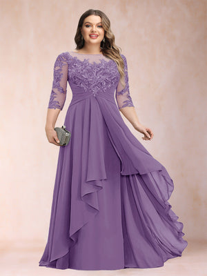 A-Line/Princess Scoop 3/4 Sleeves Chiffon Plus Size Mother of the Bride Dresses with Appliques & Ruffles