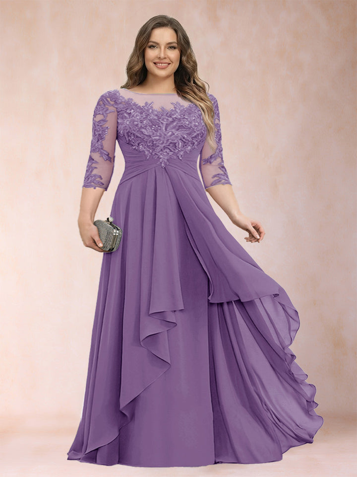 A-Line/Princess Scoop 3/4 Sleeves Chiffon Plus Size Mother of the Bride Dresses with Appliques &amp; Ruffles
