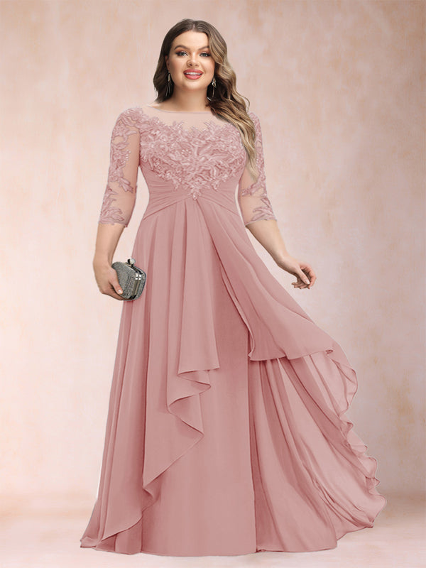 A-Line/Princess Scoop 3/4 Sleeves Chiffon Plus Size Mother of the Bride Dresses with Appliques & Ruffles