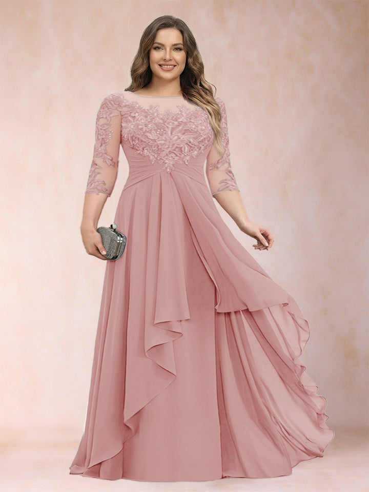 A-Line/Princess Scoop 3/4 Sleeves Chiffon Plus Size Mother of the Bride Dresses with Appliques &amp; Ruffles