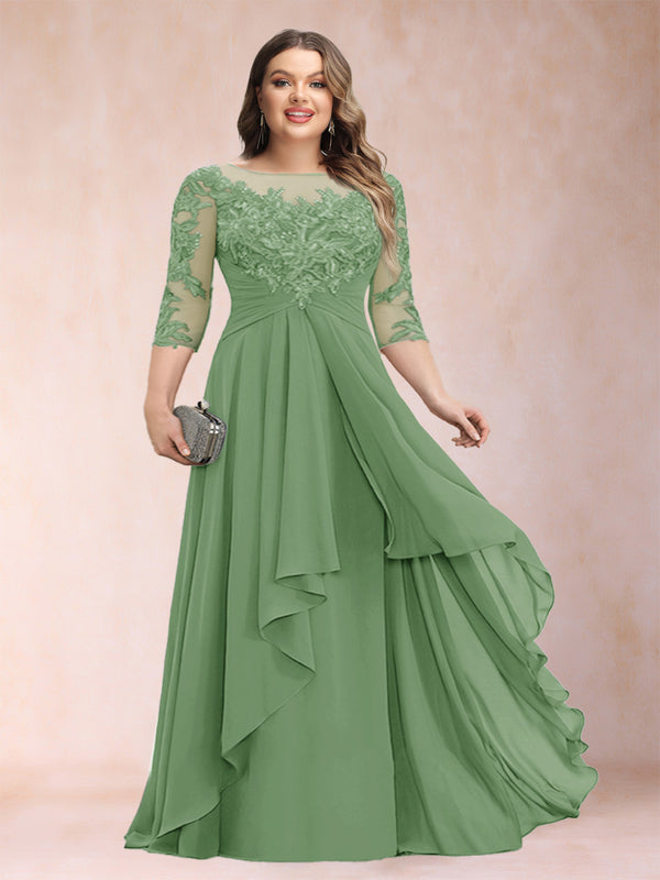 A-Line/Princess Scoop 3/4 Sleeves Chiffon Plus Size Mother of the Bride Dresses with Appliques & Ruffles
