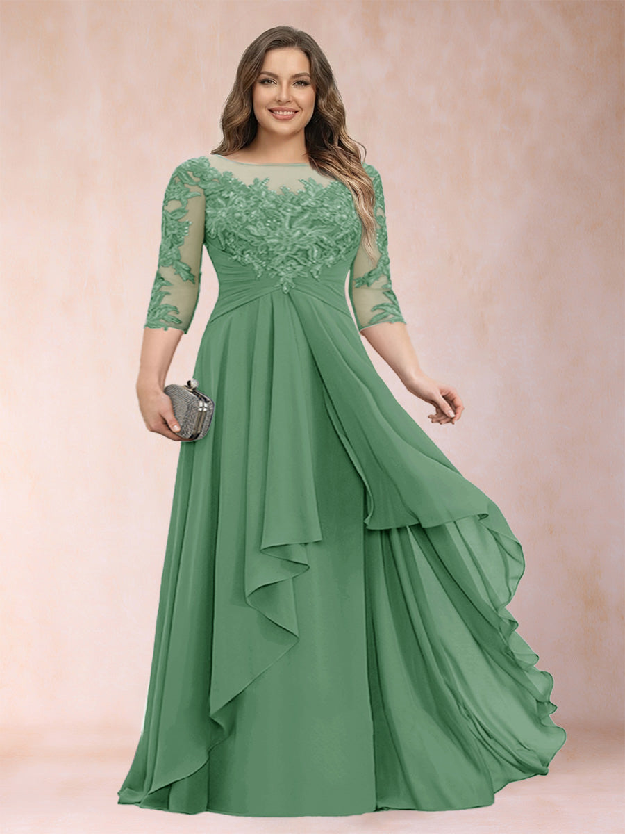 A-Line/Princess Scoop 3/4 Sleeves Chiffon Plus Size Mother of the Bride Dresses with Appliques &amp; Ruffles