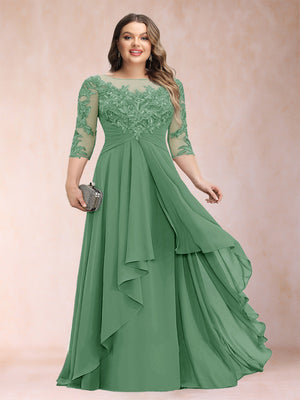 A-Line/Princess Scoop 3/4 Sleeves Chiffon Plus Size Mother of the Bride Dresses with Appliques & Ruffles