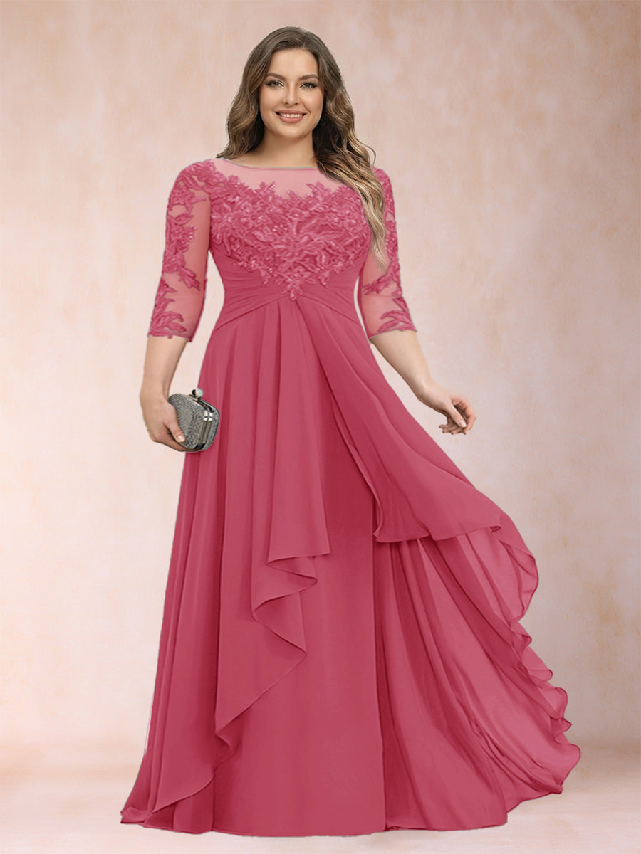 A-Line/Princess Scoop 3/4 Sleeves Chiffon Plus Size Mother of the Bride Dresses with Appliques &amp; Ruffles