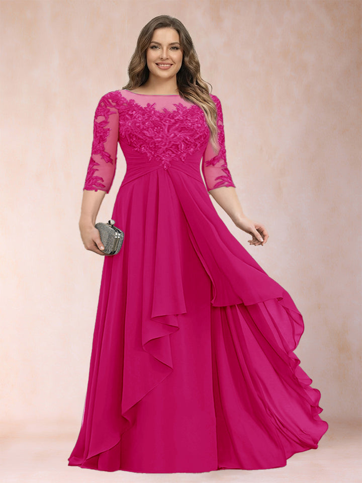 A-Line/Princess Scoop 3/4 Sleeves Chiffon Plus Size Mother of the Bride Dresses with Appliques &amp; Ruffles