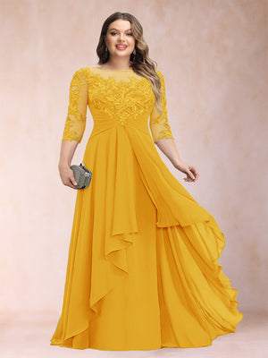 A-Line/Princess Scoop 3/4 Sleeves Chiffon Plus Size Mother of the Bride Dresses with Appliques & Ruffles