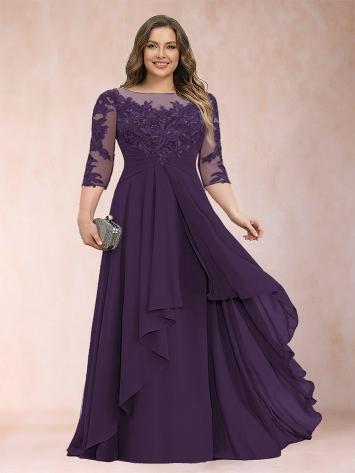 A-Line/Princess Scoop 3/4 Sleeves Chiffon Plus Size Mother of the Bride Dresses with Appliques &amp; Ruffles