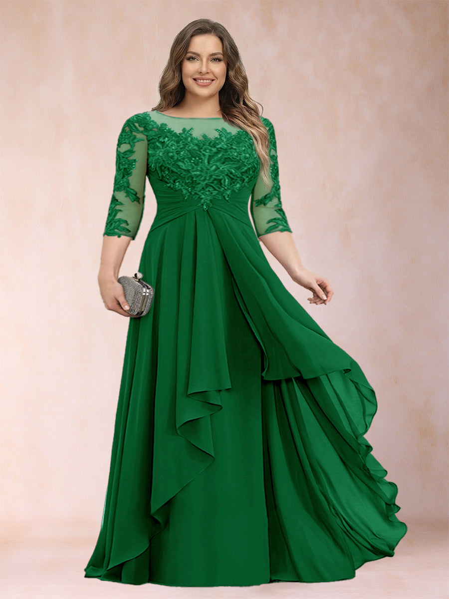 A-Line/Princess Scoop 3/4 Sleeves Chiffon Plus Size Mother of the Bride Dresses with Appliques &amp; Ruffles