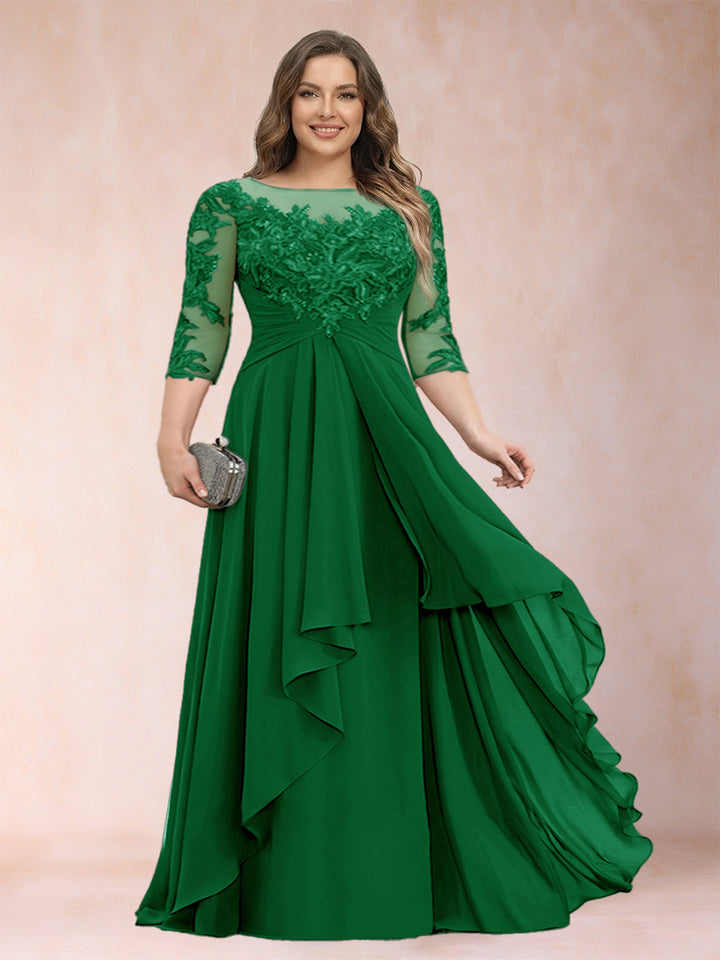 A-Line/Princess Scoop 3/4 Sleeves Chiffon Plus Size Mother of the Bride Dresses with Appliques &amp; Ruffles