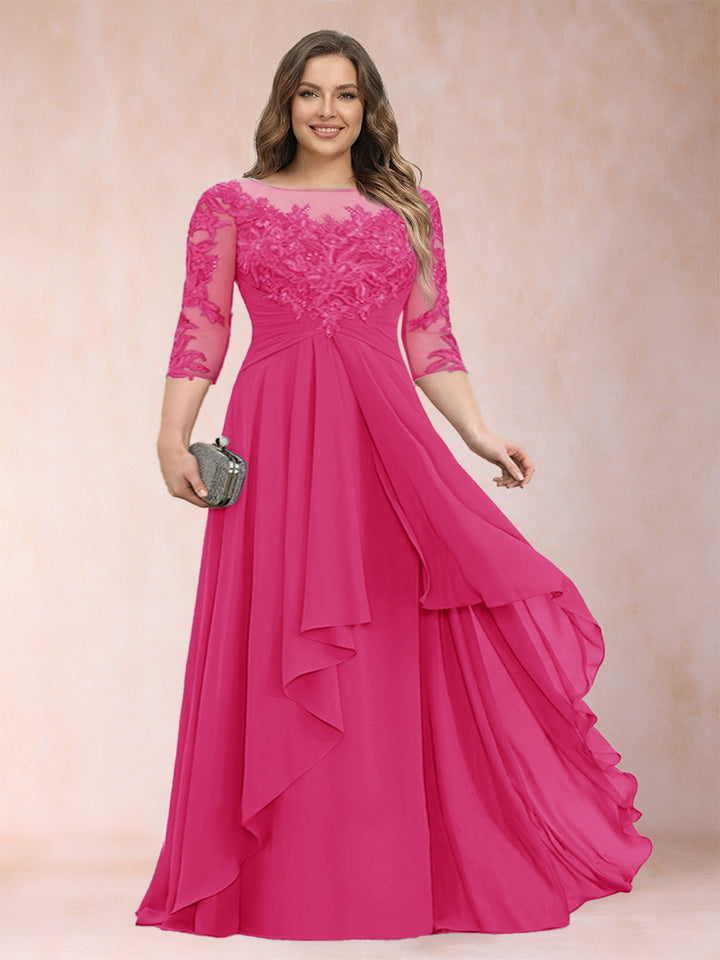 A-Line/Princess Scoop 3/4 Sleeves Chiffon Plus Size Mother of the Bride Dresses with Appliques &amp; Ruffles