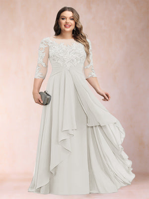 A-Line/Princess Scoop 3/4 Sleeves Chiffon Plus Size Mother of the Bride Dresses with Appliques & Ruffles